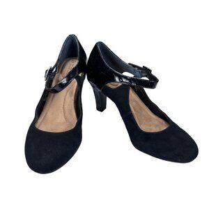 Giani Bernini Womens Black Heels Size 7.5W Leather & Manmade Upper With Adjustab